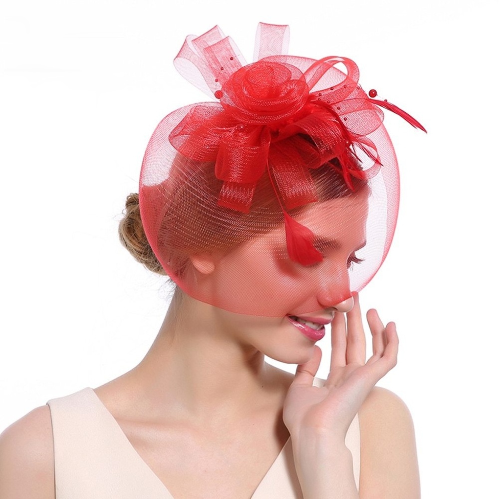 Red Feather Fascinator Church Hat Retro Netting